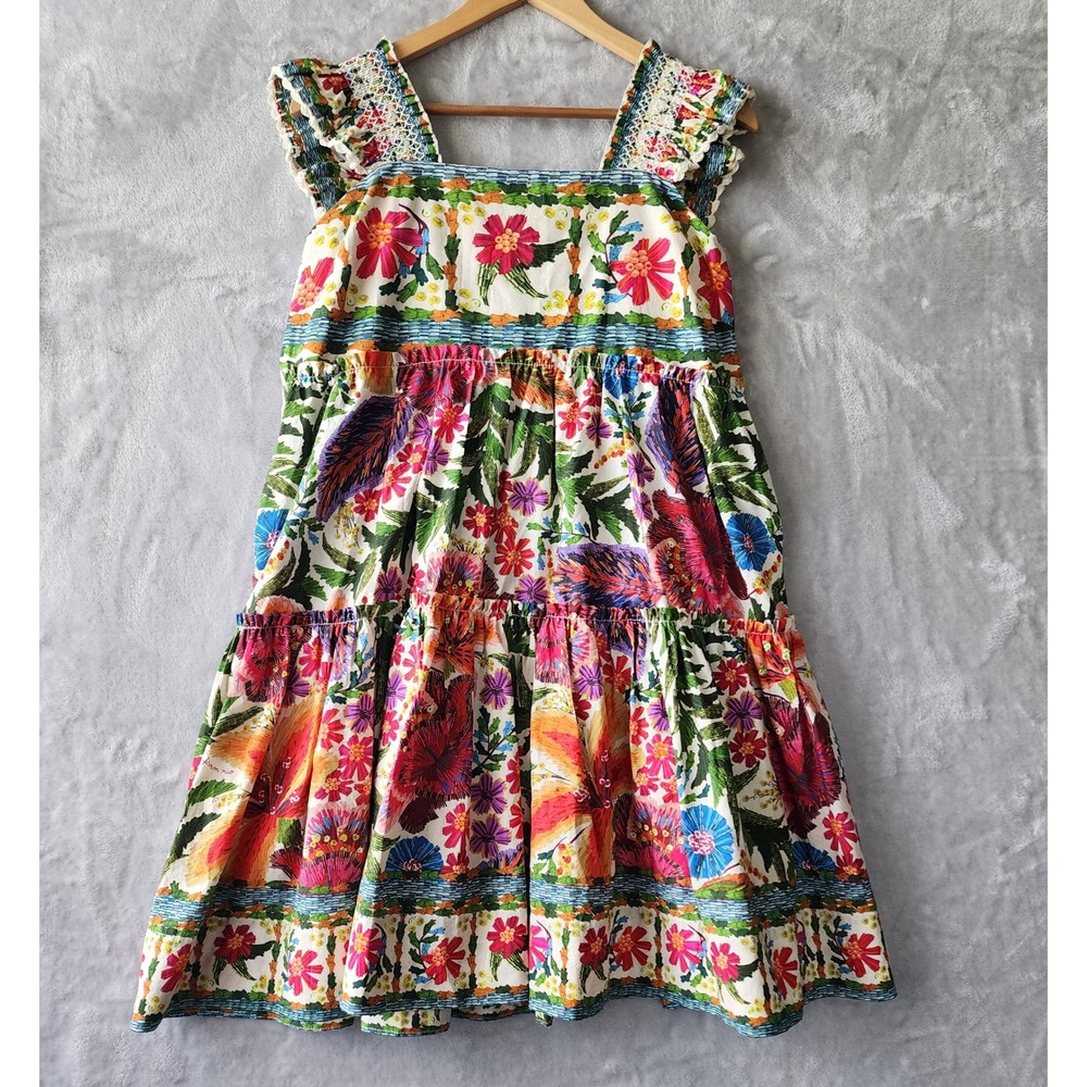 Farm Rio Dress Size XL Tropical Floral Crochet Lace Tiered Smocked Ruffle Mini